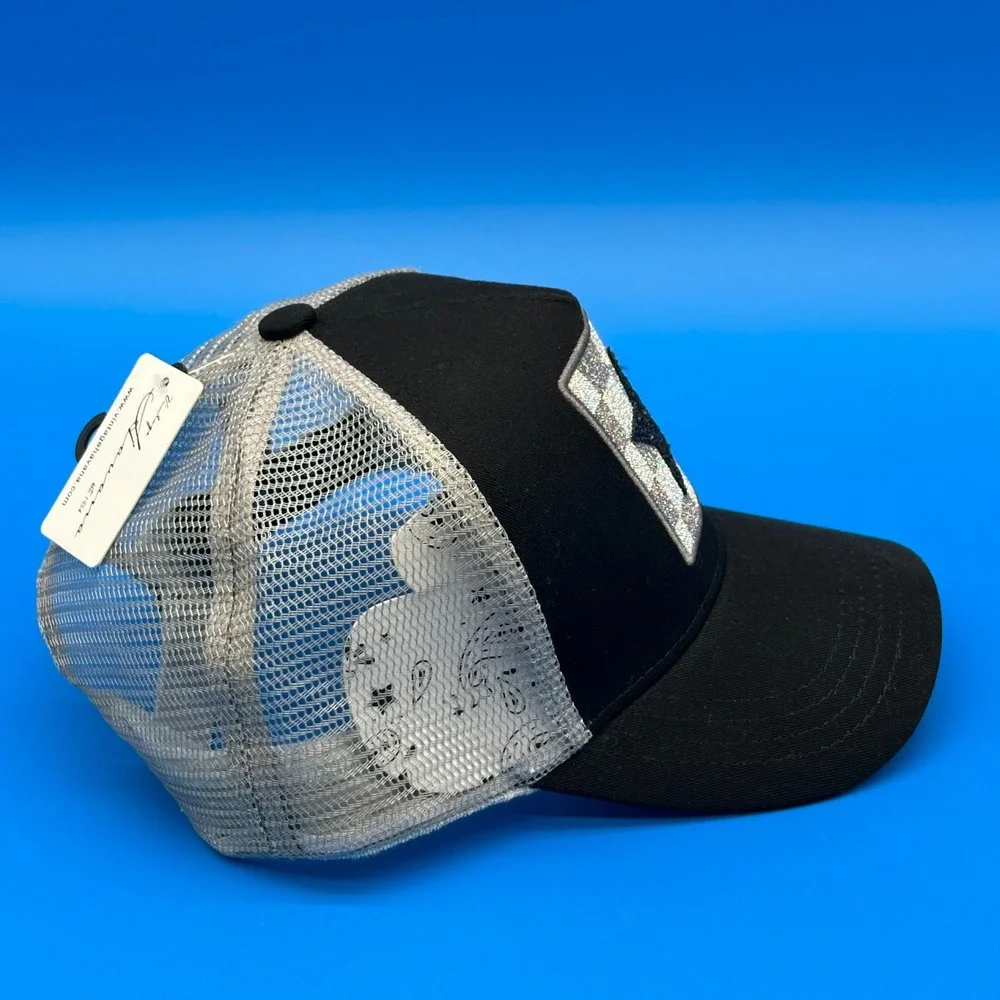 Vintage Havana Womens OS Trucker Hat Black Silver Glitter Star Checkered Glam
